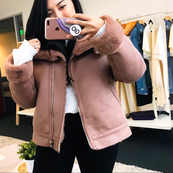Zara Jackets & Blazers - Millennial Pink shearling faux fur biker/Moto